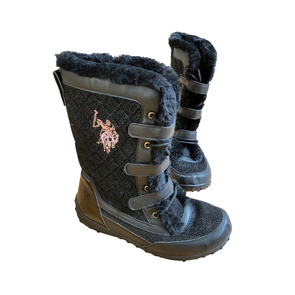 US Polo Assn Black Glitter Quilted Fur Trim Winter Snow Boots Girls Size 6 Logo